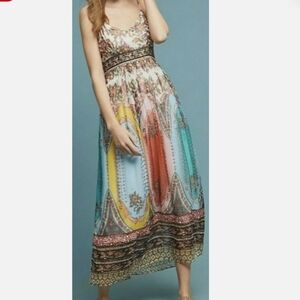 Anthropologie VIRGINIA Ivory Blue Floral Chiffon Midi Boho Dress Size 6 Small